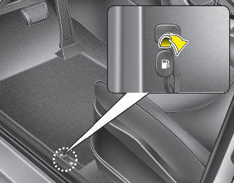 Hyundai Elantra: Opening the fuel filler lid. The fuel filler lid must be opened from inside the vehicle by pulling the fuel
