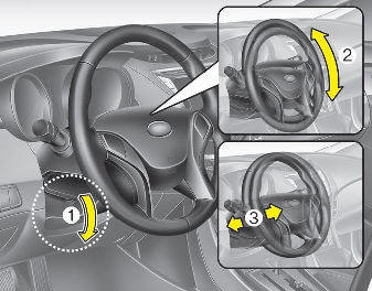 Hyundai Elantra: Tilt steering / Tilt and telescope steering (if equipped). To change the steering wheel angle, pull down the lock release lever (1), adjust