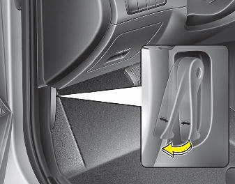 Hyundai Elantra: Opening the hood. 1.Pull the release lever to unlatch the hood. The hood should pop open slightly.