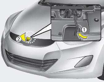 Hyundai Elantra: Opening the hood. 2. Go to the front of the vehicle, raise the hood slightly, pull the secondary