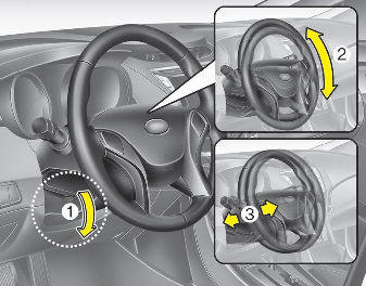 Hyundai Elantra: Tilt steering / Tilt and telescope steering (if equipped) Hyundai Elantra: Tilt steering / Tilt and telescope steering (if equipped). To change the steering wheel angle, pull down the lock release lever (1), adjust