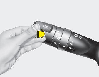 Hyundai Elantra: High beam operation Hyundai Elantra: High beam operation. To turn on the high beam headlights, push the lever away from you. Pull it back