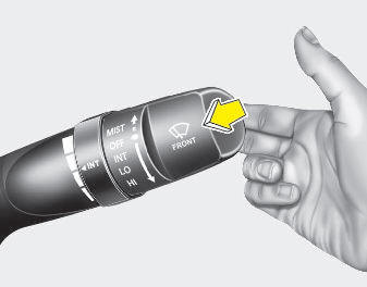 Hyundai Elantra: Windshield washers. In the OFF position, pull the lever gently toward you to spray washer fluid on