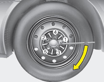 Hyundai Elantra: Changing tires. Then position the wrench as shown in the drawing and tighten the wheel nuts.