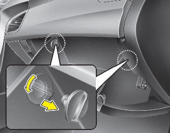 Hyundai Elantra: Filter replacement. 1. With the glove box open, remove the stoppers by turning them counterclockwise